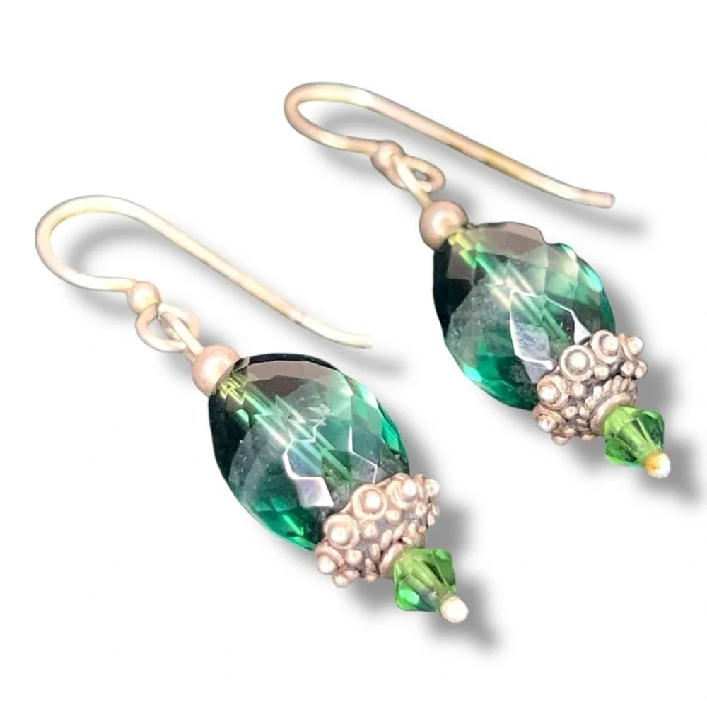 Green Crystal Silver Dangle Beaded Earrings Dangle Boho Glam